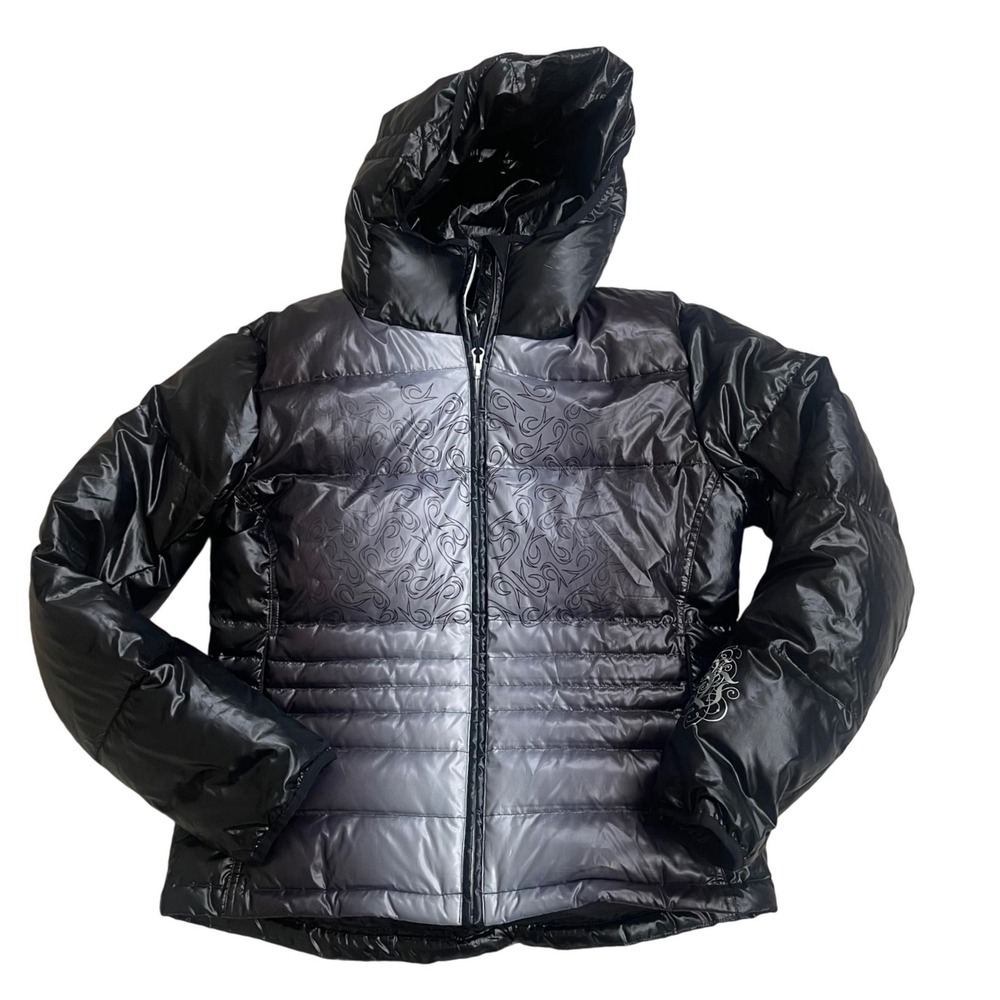 Volkl Womens Black Puffer Jacket Hooded Logo‎ Print Full Zip Sz 10 Ombre ski ec